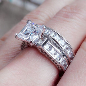 2 Pcs/set Luxury 1.2ct Princess Cut Square Zircon Rings Classic Ladies Engagement Wedding Ring Set Bridal Gift