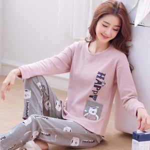 Autumn Thin 2pieces Pyjamas Set Women Sleepwear Lovely Home Suits 2021 Round Neck Girls Teacup SleepwearLong Sleeve Pajamas