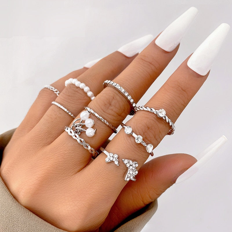 Vintage Hollow Heart Butterfly Rings Set For Women Metal Silver Color Geometric Spiral Shape Ring 22pcs Set 2022 Trendy Jewelry