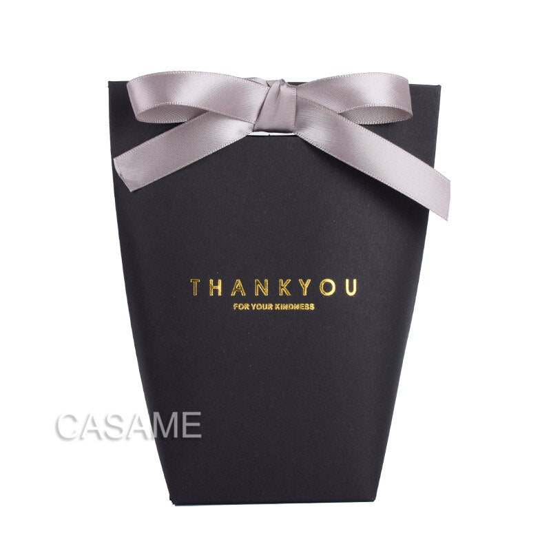 6 pcs Black White Kraft Paper Bag Bronzing French &quot;Merci&quot; Thank You Gift Box Package Brown Party Favor Candy Bags with Ribbon