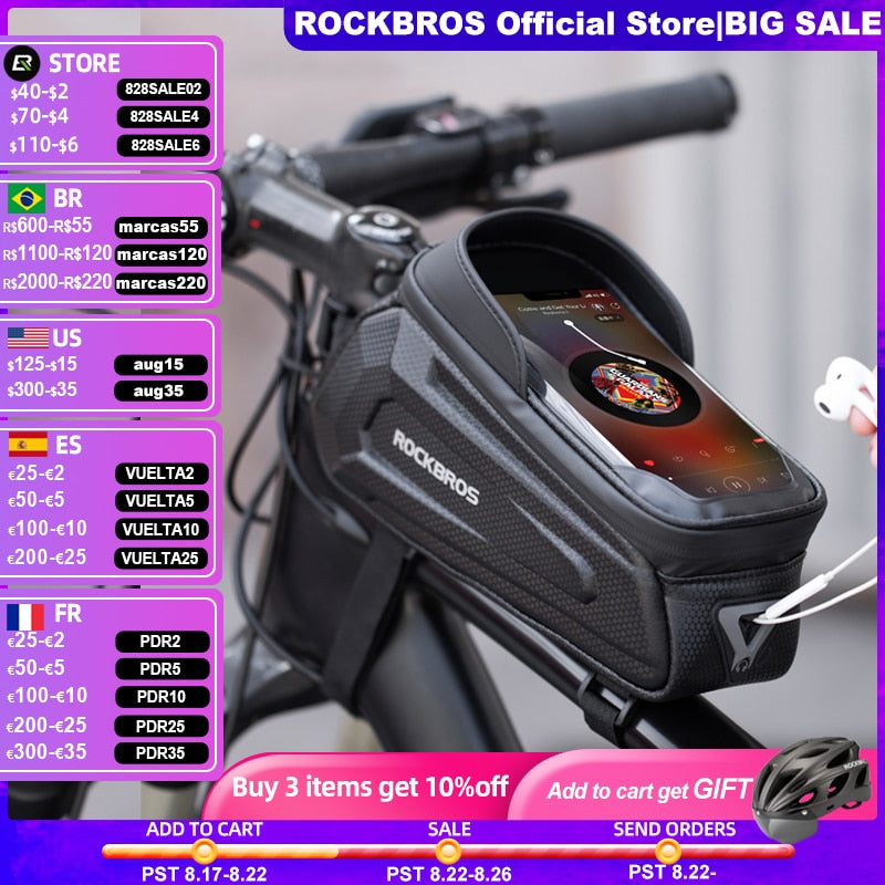 ROCKBROS Bicycle Bag Waterproof Touch Screen Cycling Bag Top Front Tube Frame MTB Road Bike Bag 6.5 Phone Case Bike Accessories