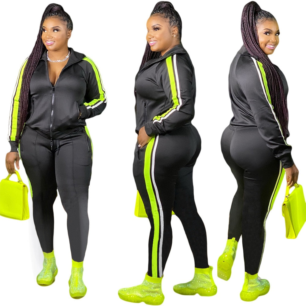 LW Plus Size Hooded Collar Patchwork Tracksuit Set Women Fall Clothes Sweatsuit Joggers Outfit Zip Top Sweatpants Tracksuit