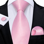 DiBanGu Men Tie Solid Pink Color Formal Wedding Necktie Silk Jacquard Woven Tie Handkerchief Cufflinks For Men Business Suit