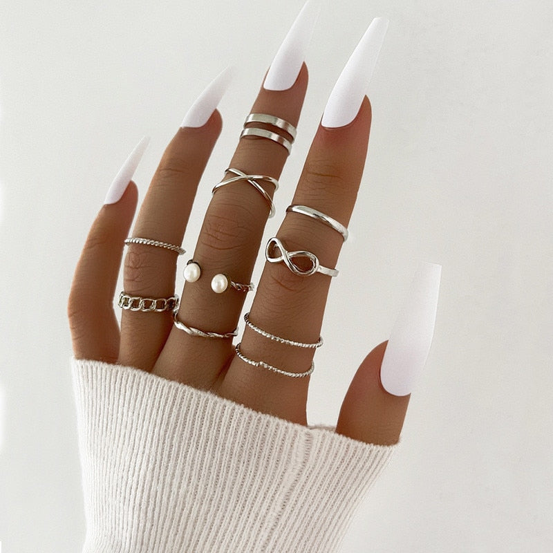 Modyle 10 pcs/set Bohemian Ring Set Gold Silver Color Wide Rings For Women Girls Simple Chain Finger Tail Rings