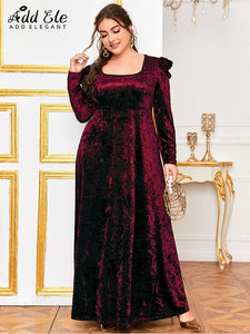 Add Elegant Autumn 2022 Plus Size Velvet for Women Dresses Square Collar Ruffles Solid Vintage Female A-LINE Party Dress B068