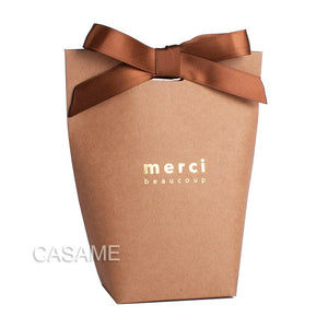 6 pcs Black White Kraft Paper Bag Bronzing French &quot;Merci&quot; Thank You Gift Box Package Brown Party Favor Candy Bags with Ribbon