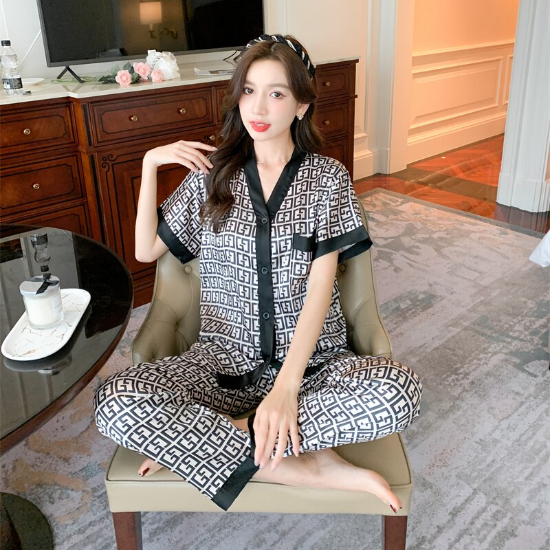 M-5XL Large Size Luxury Stain Pajamas Set Women Summer V Neck Letter Print Satin Sleepwear for Woman with Pants Home Suit Clothe