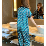 M-5XL Large Size Luxury Stain Pajamas Set Women Summer V Neck Letter Print Satin Sleepwear for Woman with Pants Home Suit Clothe