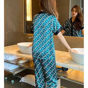 M-5XL Large Size Luxury Stain Pajamas Set Women Summer V Neck Letter Print Satin Sleepwear for Woman with Pants Home Suit Clothe