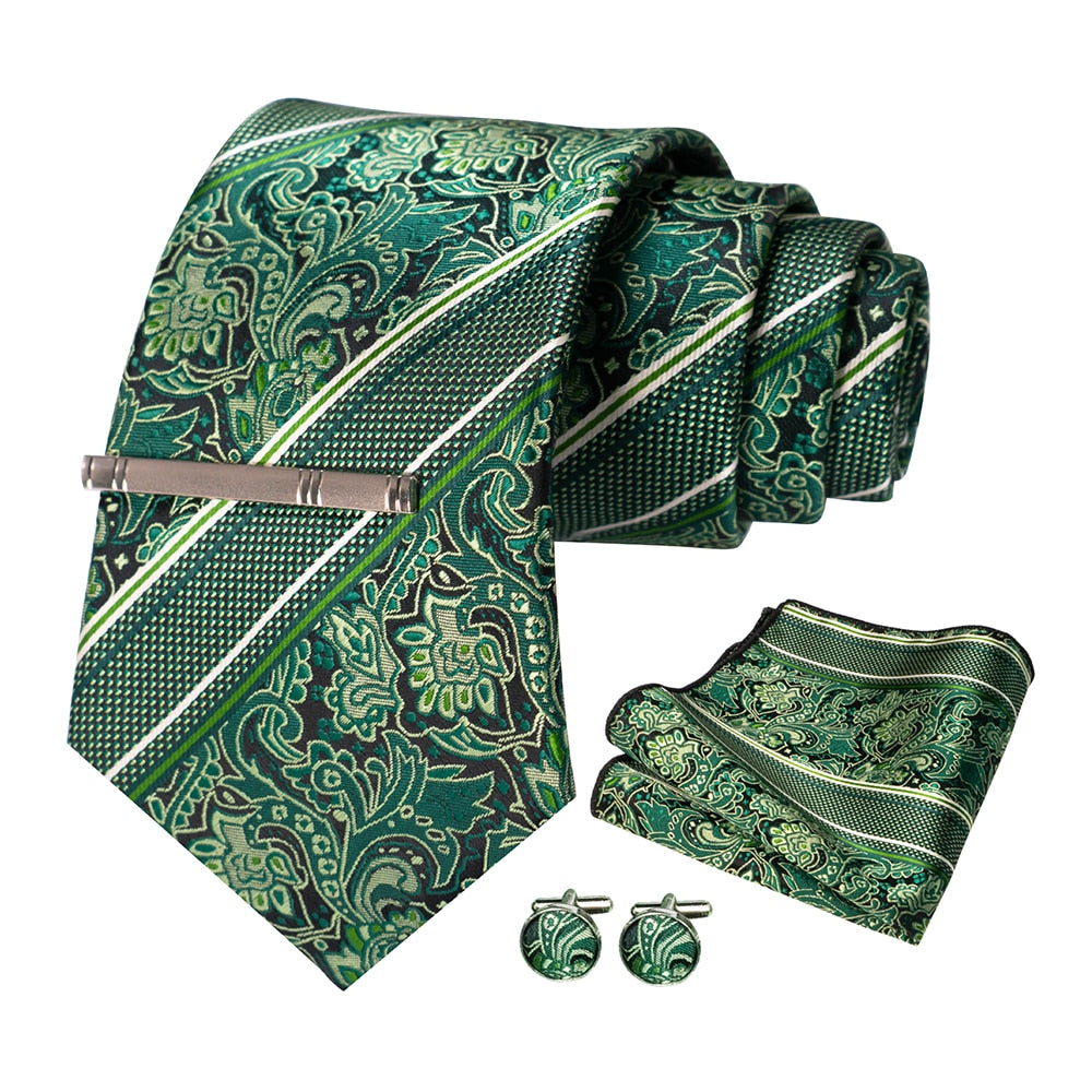 JEMYGINS Men Green Ties Striped Tie Paisley Silk Wedding Tie For Men Necktie Hanky Cufflink Set Party Business Fashion Designer