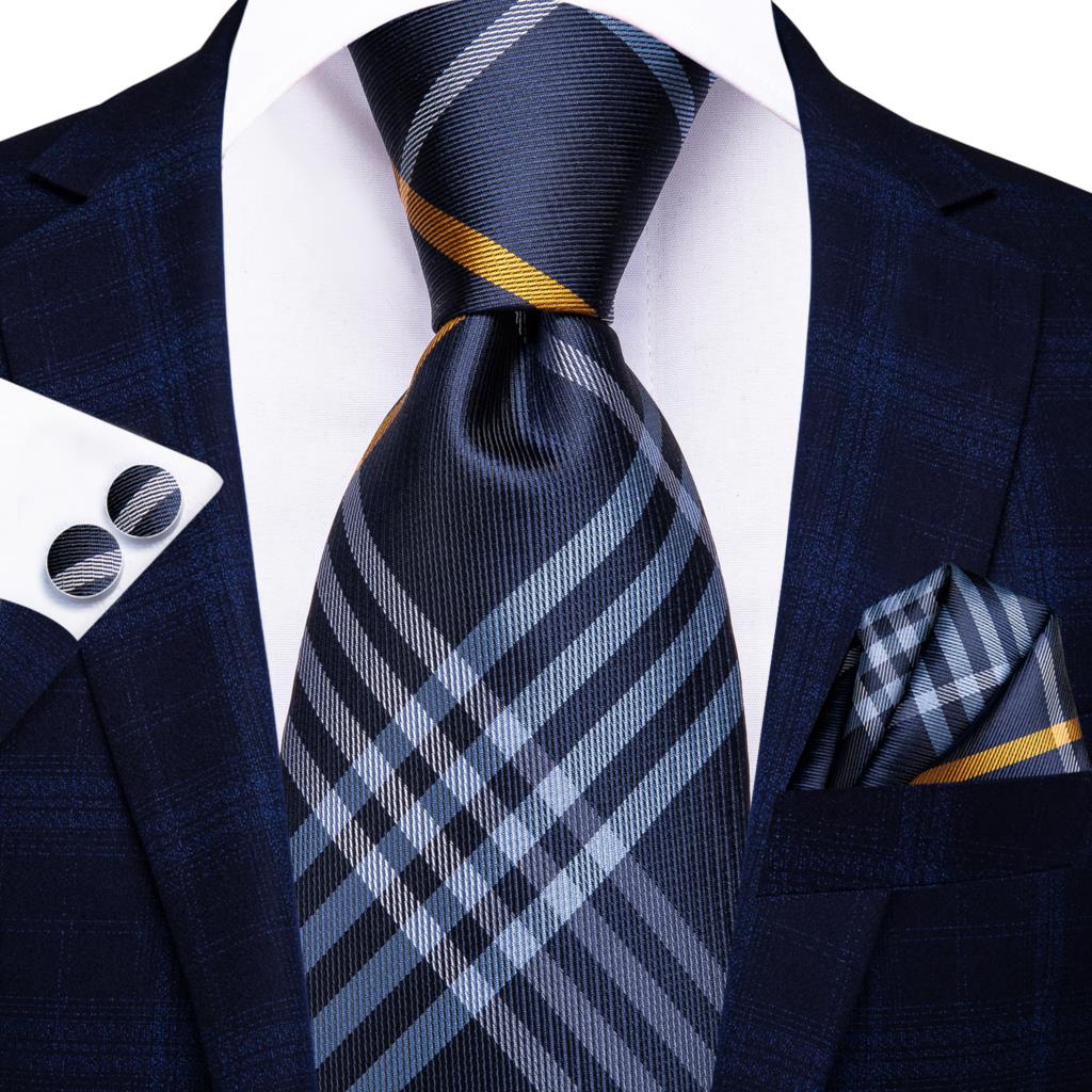 Hi-Tie Silk Men Tie Set Floral Yellow Gold Ties and Handkerchiefs Cufflinks Set Men's Wedding Party Suit Fashion Neck Tie C-3053