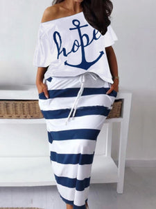 LW Plus Size Two Piece Letter Print Striped Skirt Set Fashion Casual Oblique Bateau Collar Summer Tops+Bottoms Matching Outfits