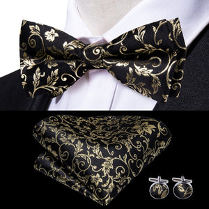 Hi-Tie Classic Black Bow Ties for Men 100% Silk Butterfly Pre-Tied Bow Tie Pocket Square Cufflinks Suit Set Floral Gold Bowties