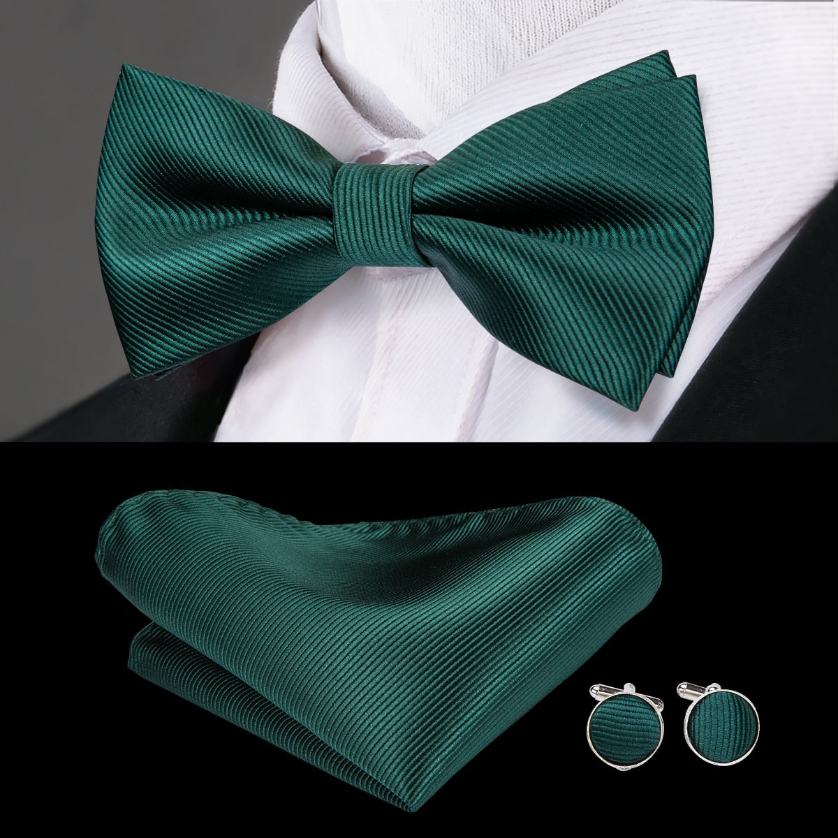 Hi-Tie Classic Black Bow Ties for Men 100% Silk Butterfly Pre-Tied Bow Tie Pocket Square Cufflinks Suit Set Floral Gold Bowties