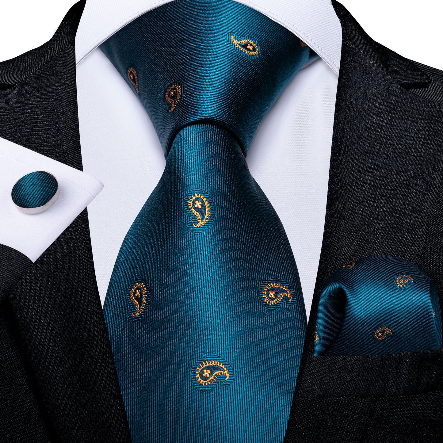 Gift Men Tie Teal Green Paisley Novelty Design Silk Wedding Tie for Men Handky cufflink Tie Set DiBanGu Party Business Fashion