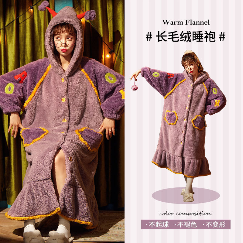 Strawberry Hooded Bathrobe Pajamas Fleece Nightwear Winter Women Warm Thick Coral Velvet Home Wear Nightgown Sleep Wear