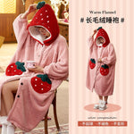 Strawberry Hooded Bathrobe Pajamas Fleece Nightwear Winter Women Warm Thick Coral Velvet Home Wear Nightgown Sleep Wear