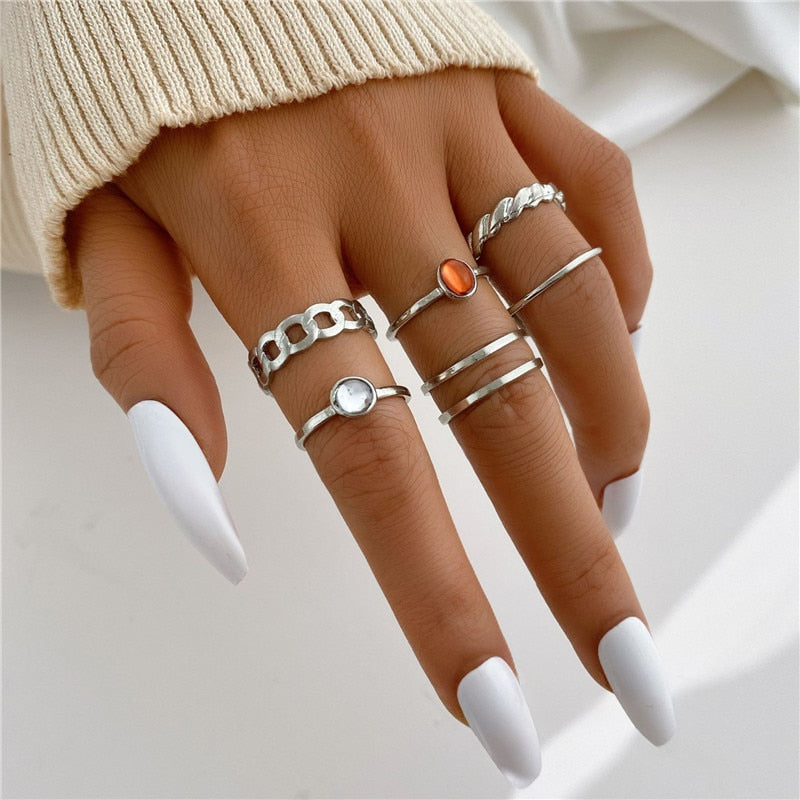 Modyle 10 pcs/set Bohemian Ring Set Gold Silver Color Wide Rings For Women Girls Simple Chain Finger Tail Rings