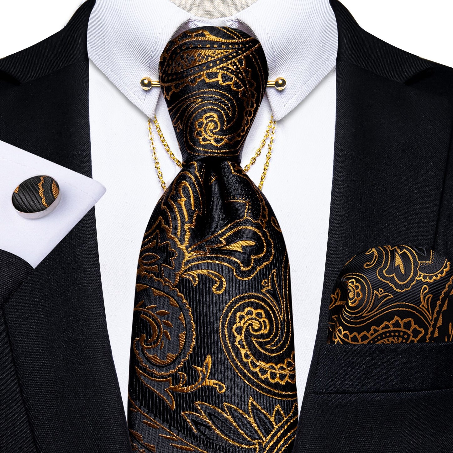 Luxury Black Gold Paisley Silk Ties For Men 8cm Men's Wedding Neck Tie Pocket Square Cufflinks Set Collar Pin Men's Gift