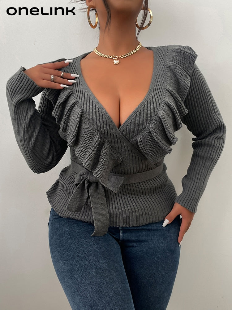 ONELINK Plus Size Women&#39;s Sweater Grey Belt Pullover V Neck Lotus Leaf Collar Wrap-over Top Oversize Knitting 2022 Autumn Winter
