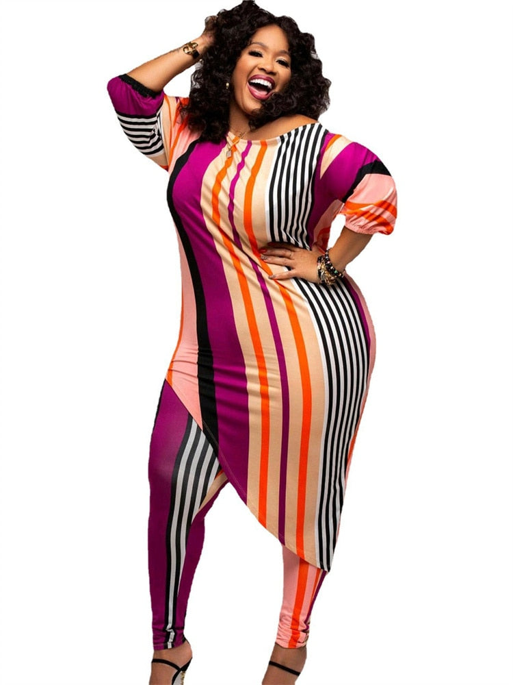 Wmstar Plus Size Two Piece Outfits Women Fall Clothing Striped Top Irregular Hem Leggings Matching Set Wholesale Dropshipping