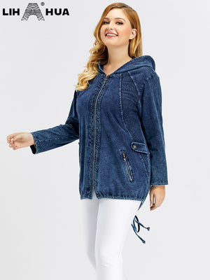 LIH HUA Women's Plus Size Denim Jacket Fall Casual High Stretch Hoodie Cotton Knit Jacket