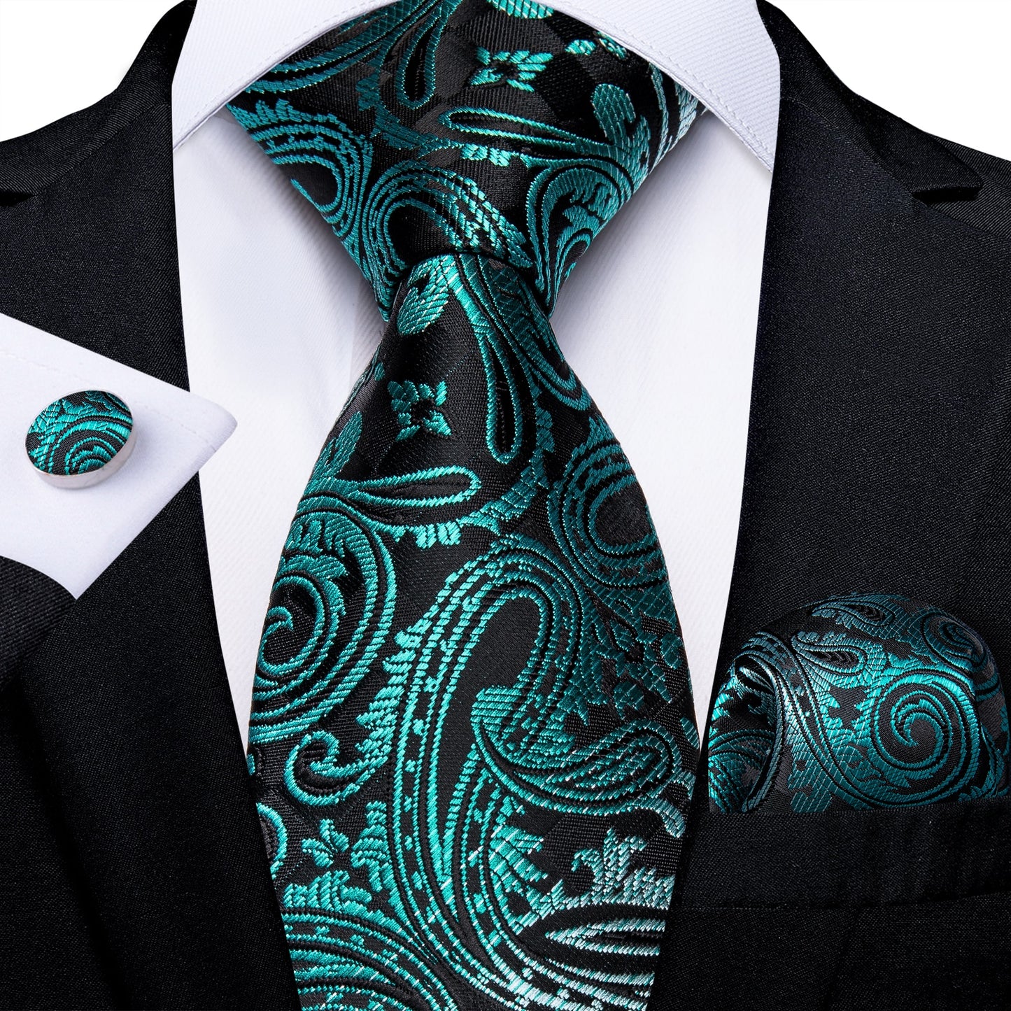Gift Men Tie Teal Green Paisley Novelty Design Silk Wedding Tie for Men Handky cufflink Tie Set DiBanGu Party Business Fashion