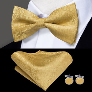 Hi-Tie Classic Black Bow Ties for Men 100% Silk Butterfly Pre-Tied Bow Tie Pocket Square Cufflinks Suit Set Floral Gold Bowties