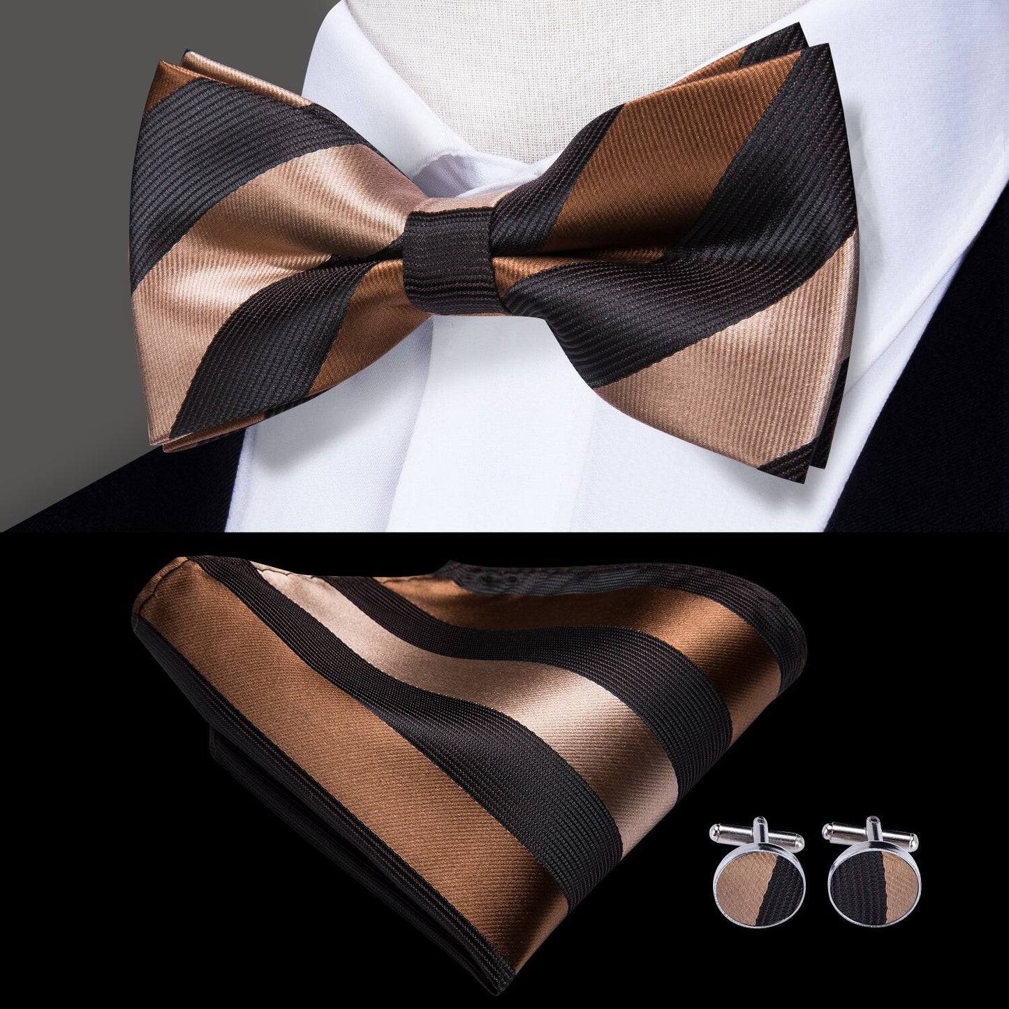 Hi-Tie Classic Black Bow Ties for Men 100% Silk Butterfly Pre-Tied Bow Tie Pocket Square Cufflinks Suit Set Floral Gold Bowties