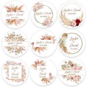 Pampas Grass Custom Name Date Round Circle Label Stickers Personalized Thank You Stickers for Bridal Shower Party Favors