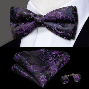 Hi-Tie Classic Black Bow Ties for Men 100% Silk Butterfly Pre-Tied Bow Tie Pocket Square Cufflinks Suit Set Floral Gold Bowties