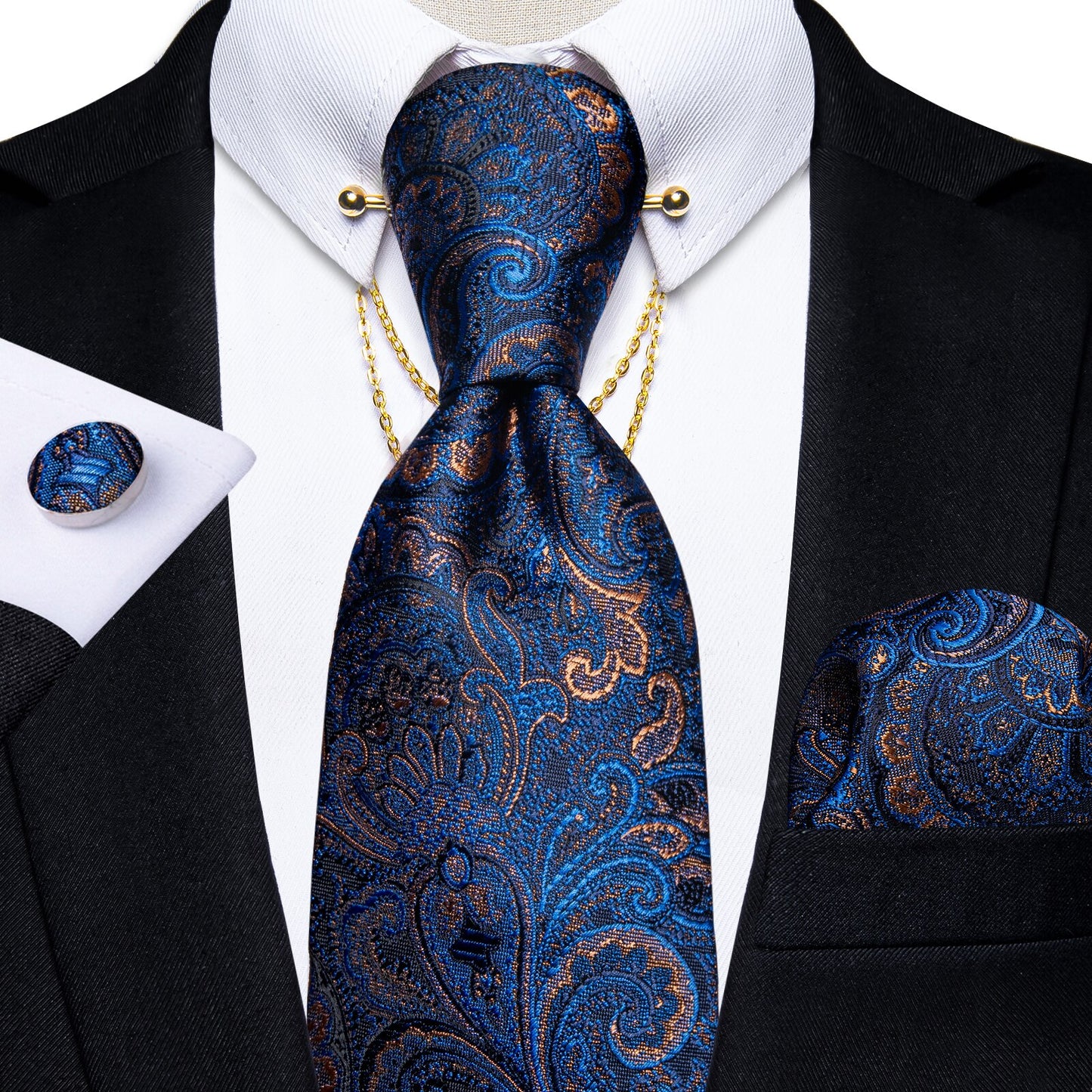 Luxury Black Gold Paisley Silk Ties For Men 8cm Men's Wedding Neck Tie Pocket Square Cufflinks Set Collar Pin Men's Gift