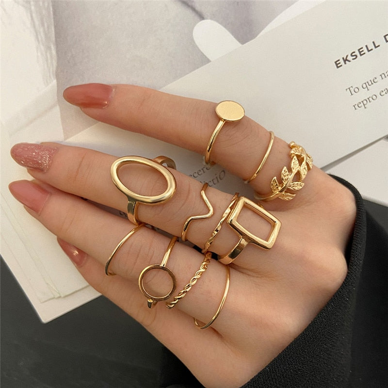 Modyle 10 pcs/set Bohemian Ring Set Gold Silver Color Wide Rings For Women Girls Simple Chain Finger Tail Rings