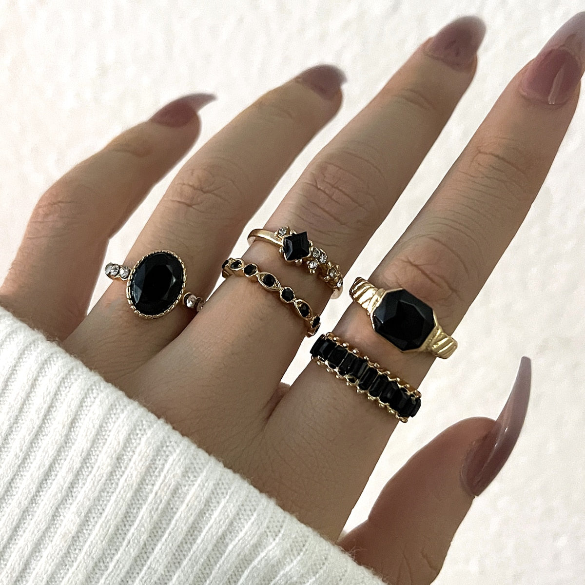 Aprilwell 5Pcs Green Crystal Rings Set for Women Gold Plated Vintage Aesthetic Geometric Luxury Anillos Lady Jewelry Gifts Bague