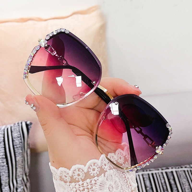 2022 New Rimless Square Sunglasses Women Brand Designer Diamond Sun Glasses Vintage Shades Female Pink Eyewear Gafas De Sol
