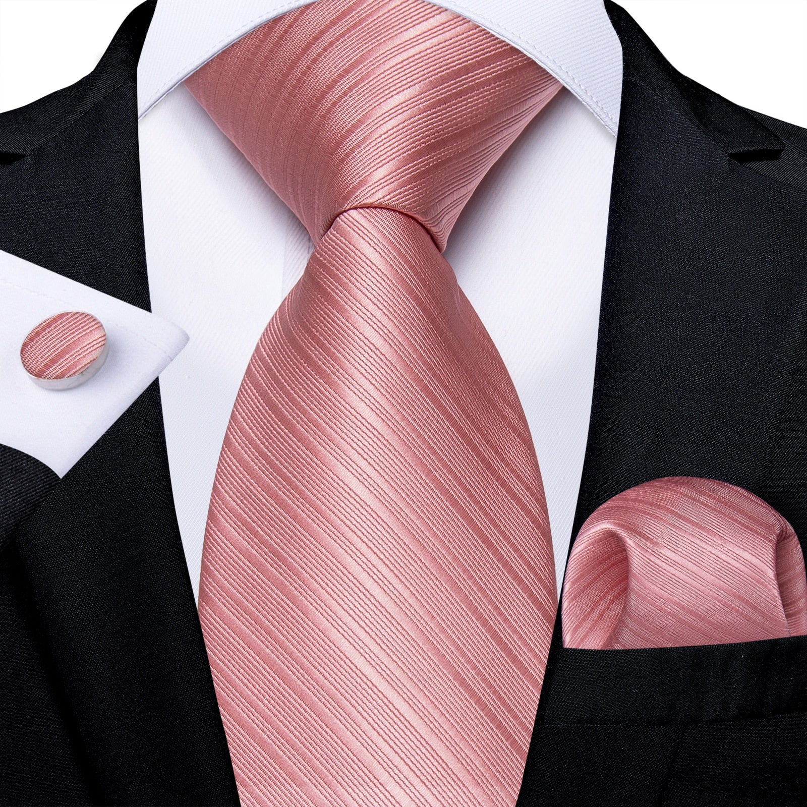 DiBanGu Men Tie Solid Pink Color Formal Wedding Necktie Silk Jacquard Woven Tie Handkerchief Cufflinks For Men Business Suit
