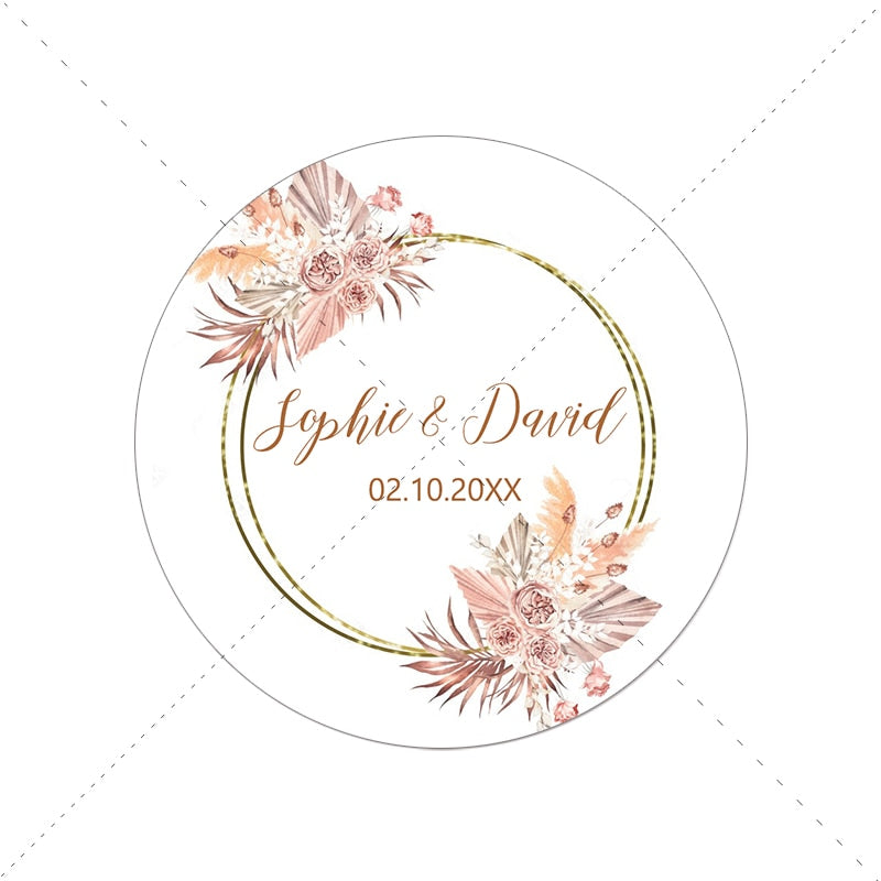 Pampas Grass Custom Name Date Round Circle Label Stickers Personalized Thank You Stickers for Bridal Shower Party Favors