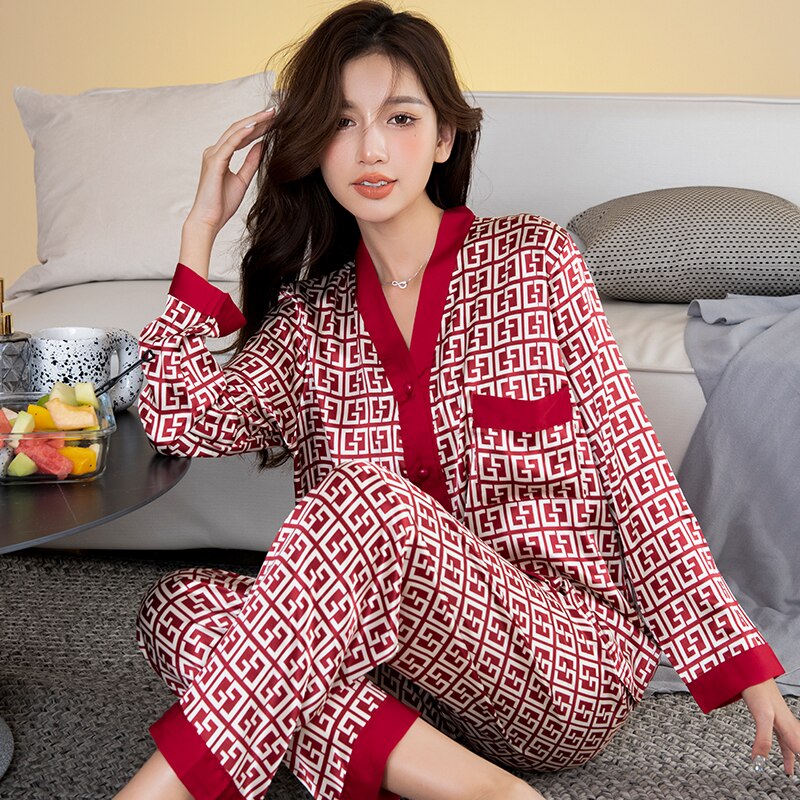 5XL Large Size Silk Stain Pajamas Set Women with Pants Long Sleeve Letter Print Luxury Home Suit Nighwear 2 Pieces Pyjamas Lady
