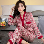 5XL Large Size Silk Stain Pajamas Set Women with Pants Long Sleeve Letter Print Luxury Home Suit Nighwear 2 Pieces Pyjamas Lady