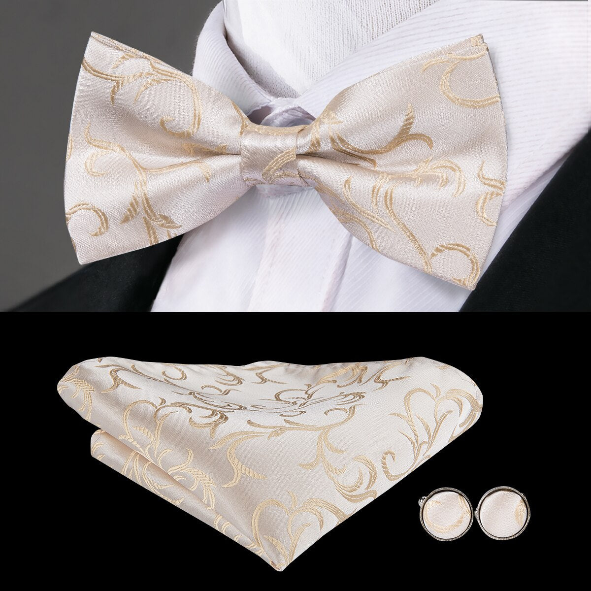 Hi-Tie Classic Black Bow Ties for Men 100% Silk Butterfly Pre-Tied Bow Tie Pocket Square Cufflinks Suit Set Floral Gold Bowties