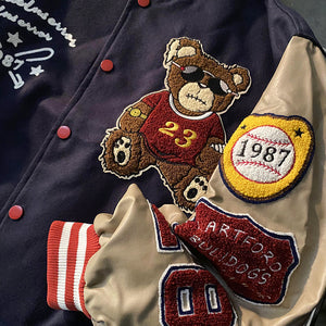 Retro bear embroidered baseball uniform men and women tide ins spring new loose couple street jacket jacket bomber jacket traf