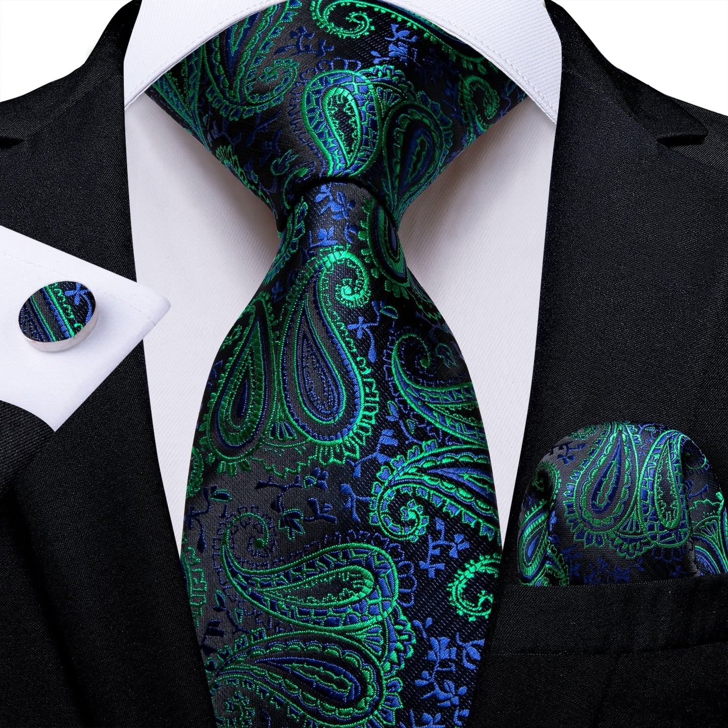 Gift Men Tie Teal Green Paisley Novelty Design Silk Wedding Tie for Men Handky cufflink Tie Set DiBanGu Party Business Fashion