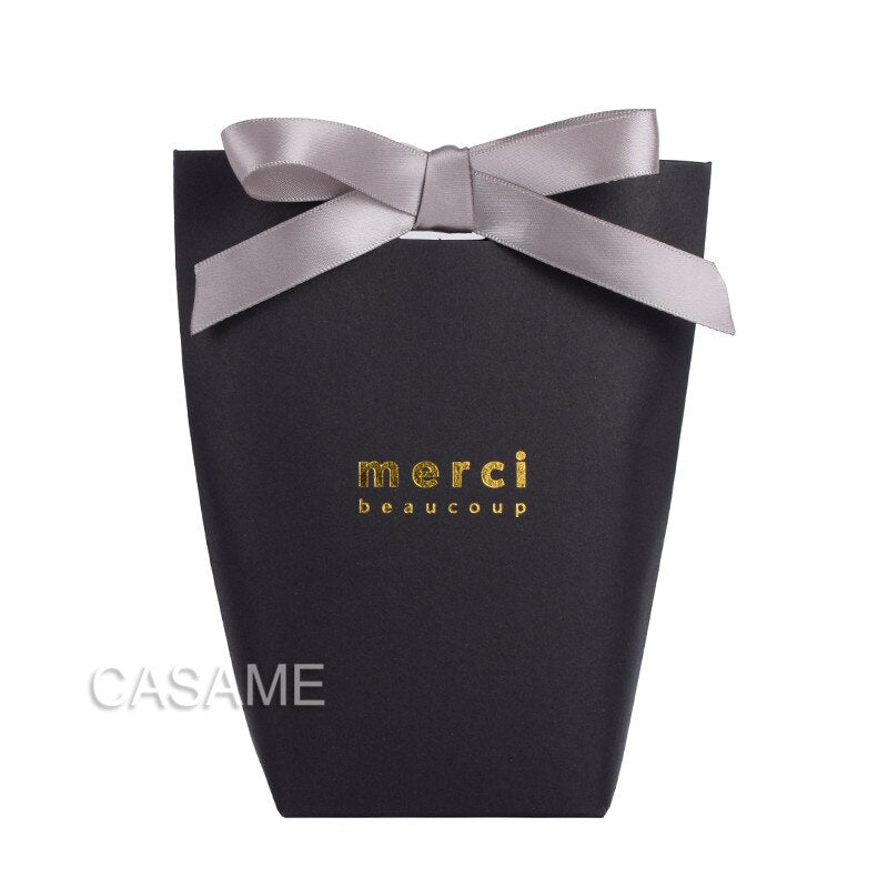 6 pcs Black White Kraft Paper Bag Bronzing French &quot;Merci&quot; Thank You Gift Box Package Brown Party Favor Candy Bags with Ribbon