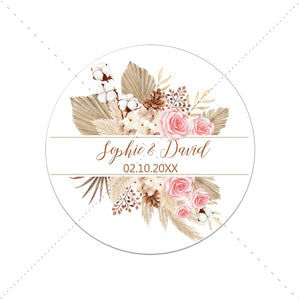 Pampas Grass Custom Name Date Round Circle Label Stickers Personalized Thank You Stickers for Bridal Shower Party Favors