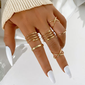 Modyle 10 pcs/set Bohemian Ring Set Gold Silver Color Wide Rings For Women Girls Simple Chain Finger Tail Rings