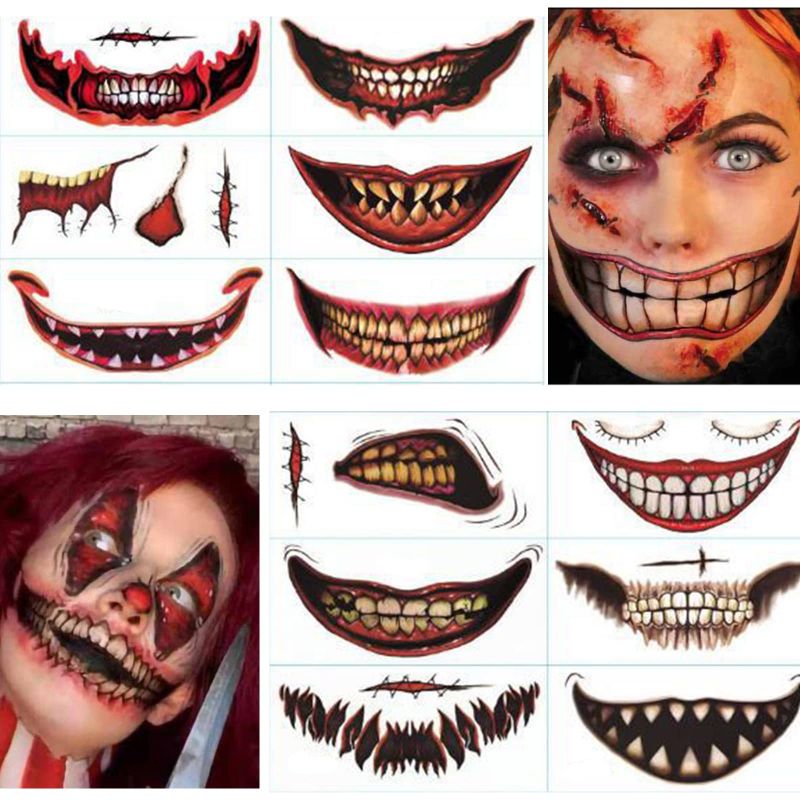 12pcs Halloween Clown Horror Mouth Tattoo Stickers Temporary Tattoos DIY Fake Tattoo Cosplay  Party Decoration