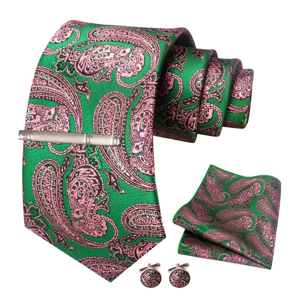 JEMYGINS Men Green Ties Striped Tie Paisley Silk Wedding Tie For Men Necktie Hanky Cufflink Set Party Business Fashion Designer