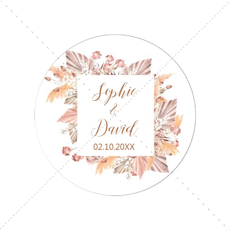 Pampas Grass Custom Name Date Round Circle Label Stickers Personalized Thank You Stickers for Bridal Shower Party Favors