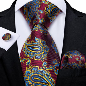 New Design Wedding Men Tie Red  Solid Striped Paisley Neckties For Men Business Dropshipping DiBanGu Hanky Cufflinks Tie Set