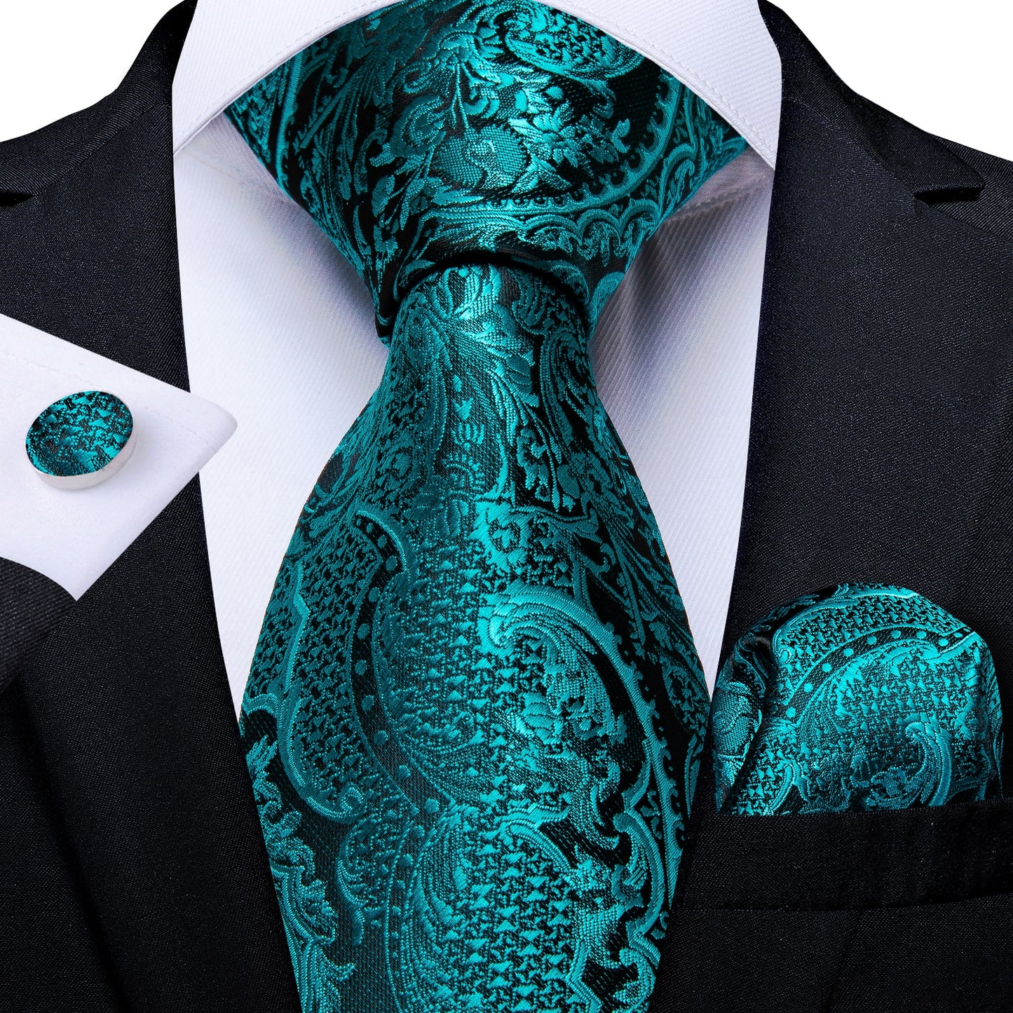 Gift Men Tie Teal Green Paisley Novelty Design Silk Wedding Tie for Men Handky cufflink Tie Set DiBanGu Party Business Fashion